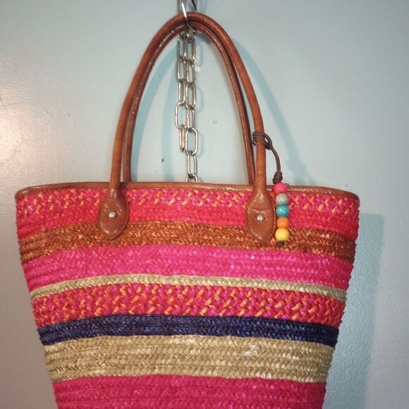 Style & Co large multi colored wicker tote with bead accent & zipper c… - Picture 2 of 10